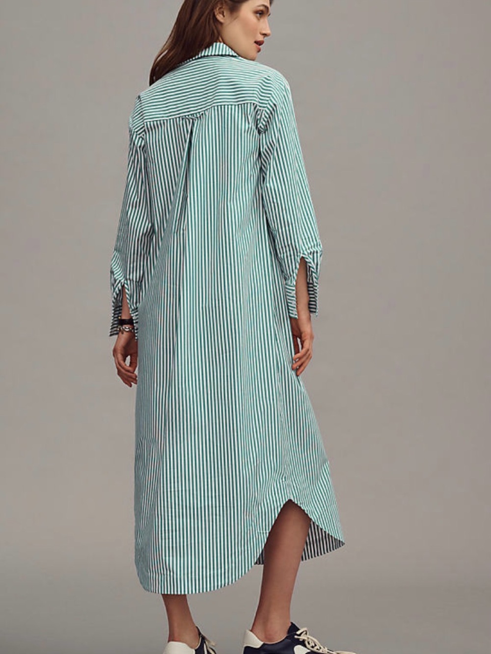 Maeve Soren Green & White Striped Long-Sleeve Shirt Dress Large Petite NWT - Picture 3 of 15